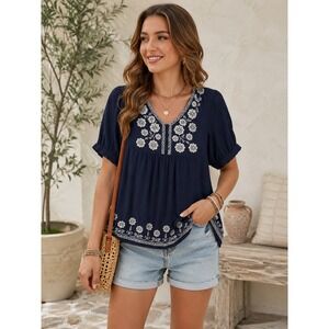 YoYo5 Women's Small Navy Embroidered Cotton Blouse Boho Romantic Babydoll Top